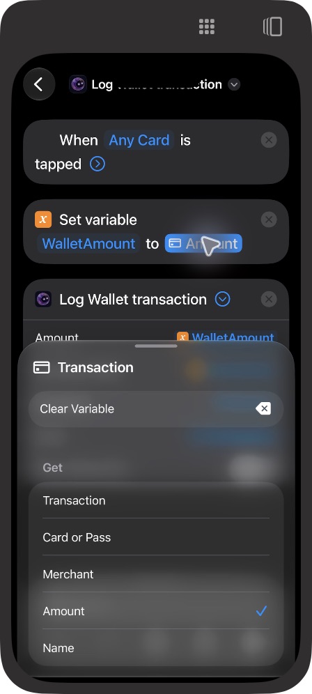 Set variable WalletAmount con Amount seleccionado dentro de Transaction