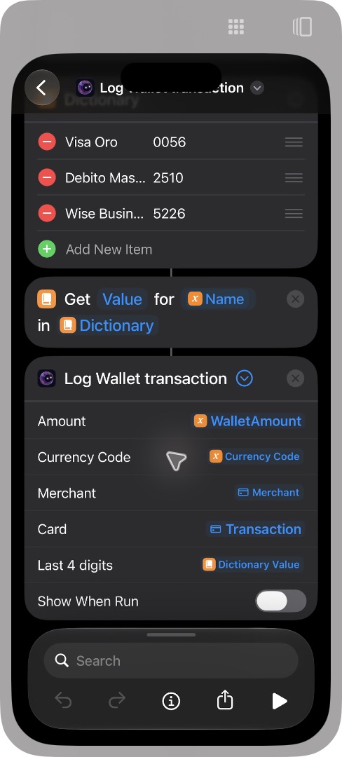 Acción Log Wallet transaction con los cuatro campos del evento y Last 4 digits enlazado a Dictionary Value