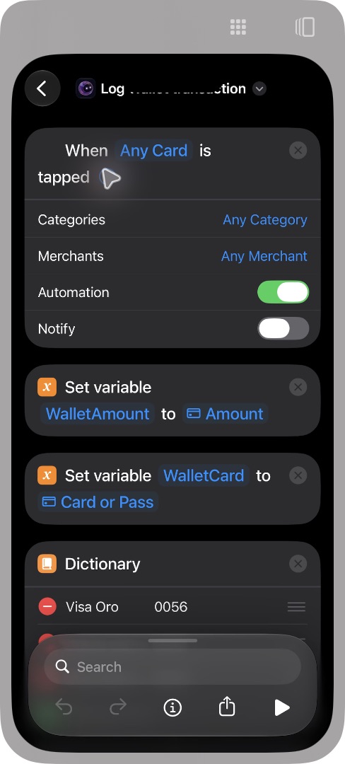 Disparador para cualquier tarjeta, categoría y comercio; Automation activado y Notify desactivado