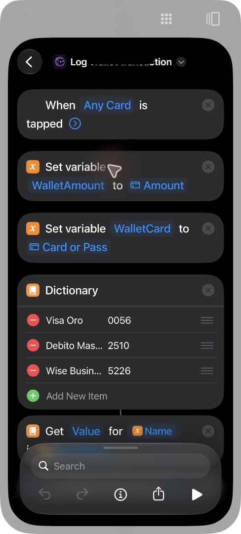 WalletCard obtiene Card or Pass; el diccionario asocia Visa Oro con 0056, Debito Mastercard con 2510 y Wise Business Physical con 5226