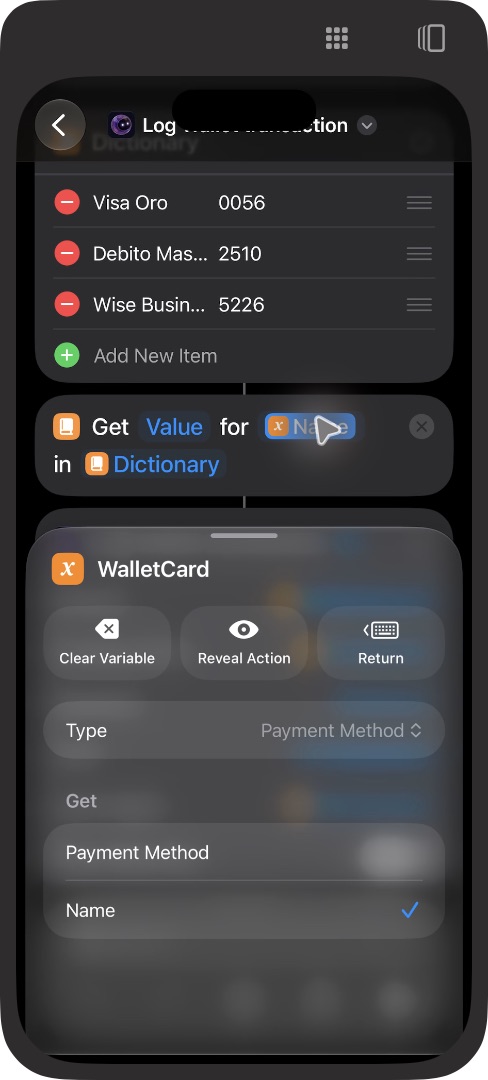 WalletCard de tipo Payment Method con la propiedad Name marcada